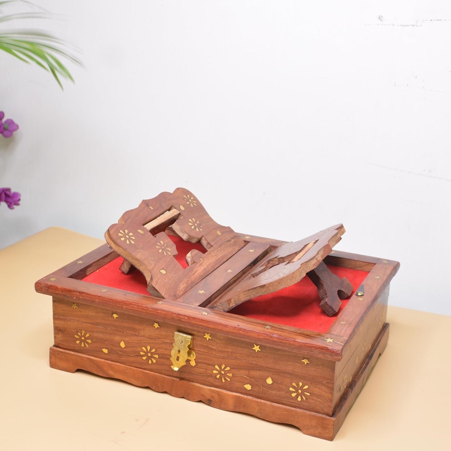 Sheesham Wooden Handmade Brass Work Quran/bibal/Geeta Box Stan